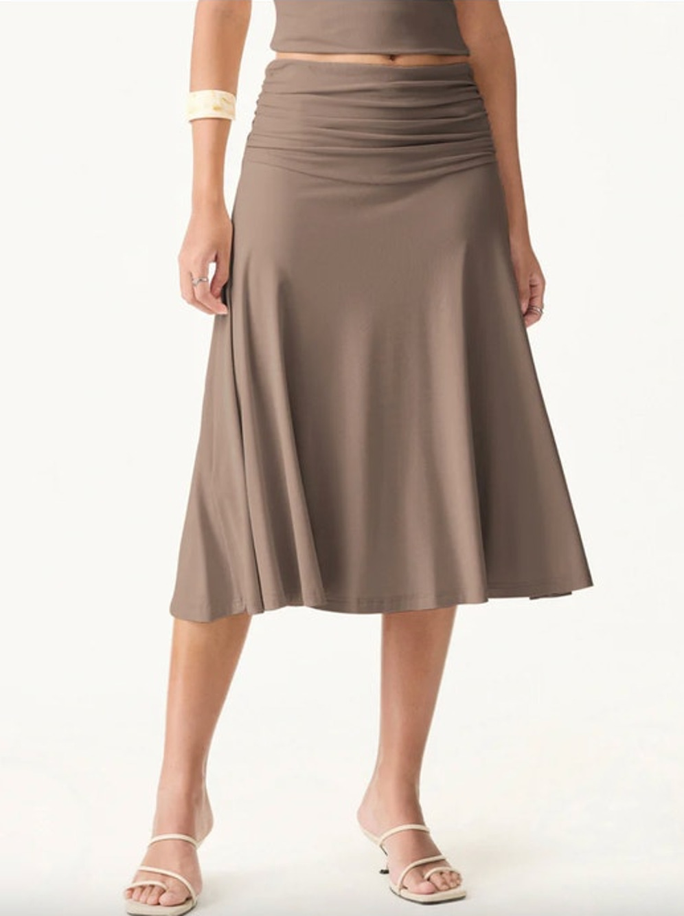 OGL Skirt Size M NEW Flowy Side Ruched A-line Midi Skirt Brown Eco-SkinKiss
